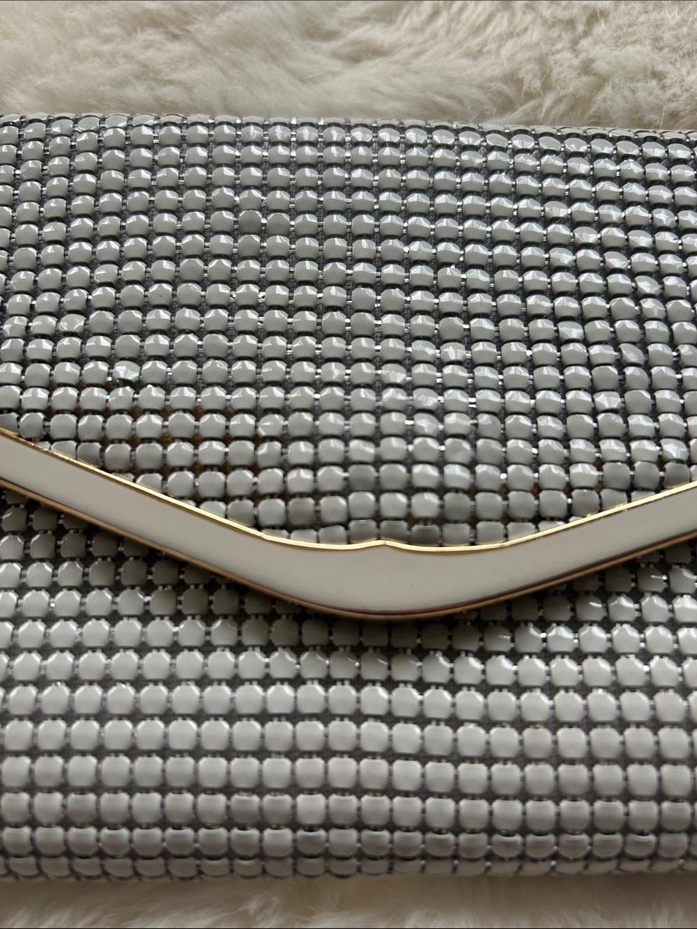 Vintage Light Gray Metallic Mesh Wristlet/Clutch Evening Bag Gold Accents